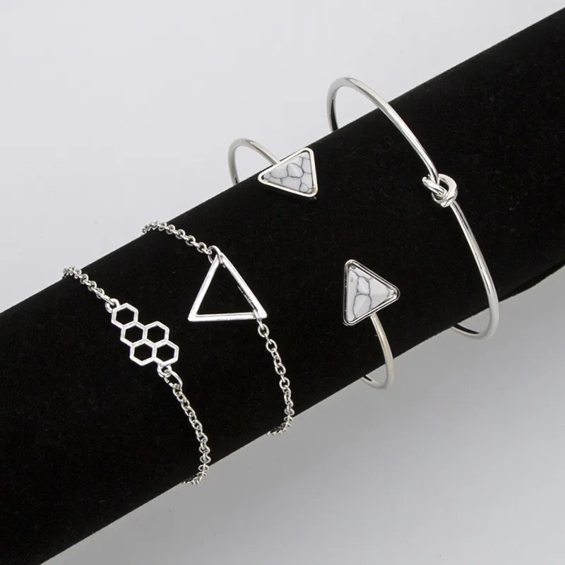 New 4pcs Infinite White Stone Bangle Women Triangle Honeycomb Pendant Link Chains Twist Open Cuff Bracelets/Bangles Set Female | Украшения