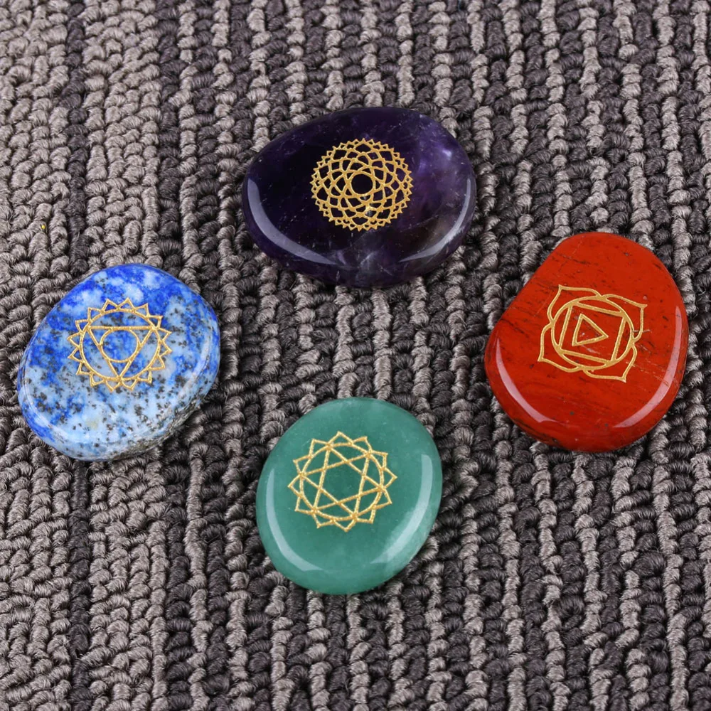 7 шт Выгравированная чакра камень пальмовый Камень Кристалл Рейки Исцеление