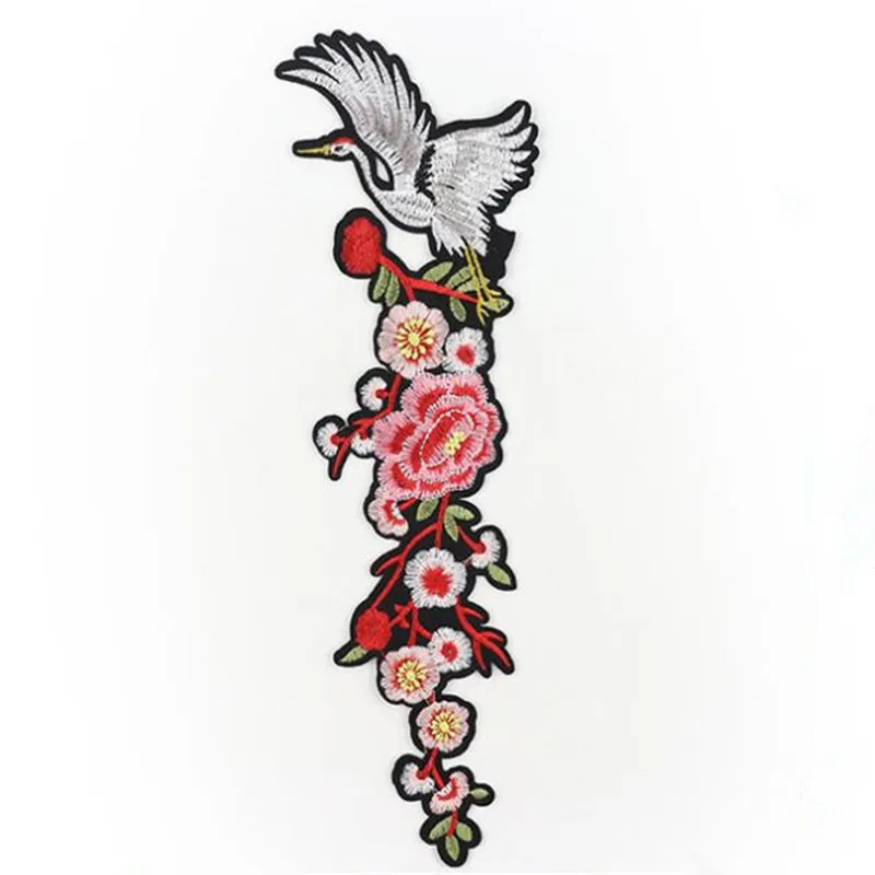 Flowers Crane 32CM Iron On Patches For Clothing Fabric Applique Embroidered Stickers Clothes Patch Diy Apparel Accessories | Дом и сад
