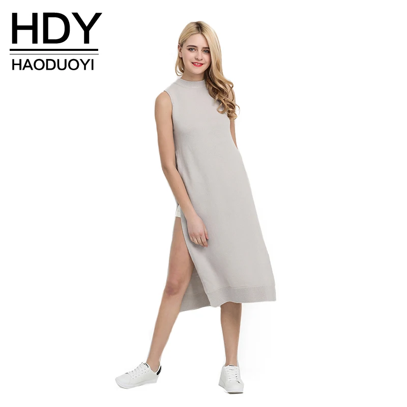 Женское трикотажное платье HDY Haoduoyi однотонное серое Повседневное средней длины с