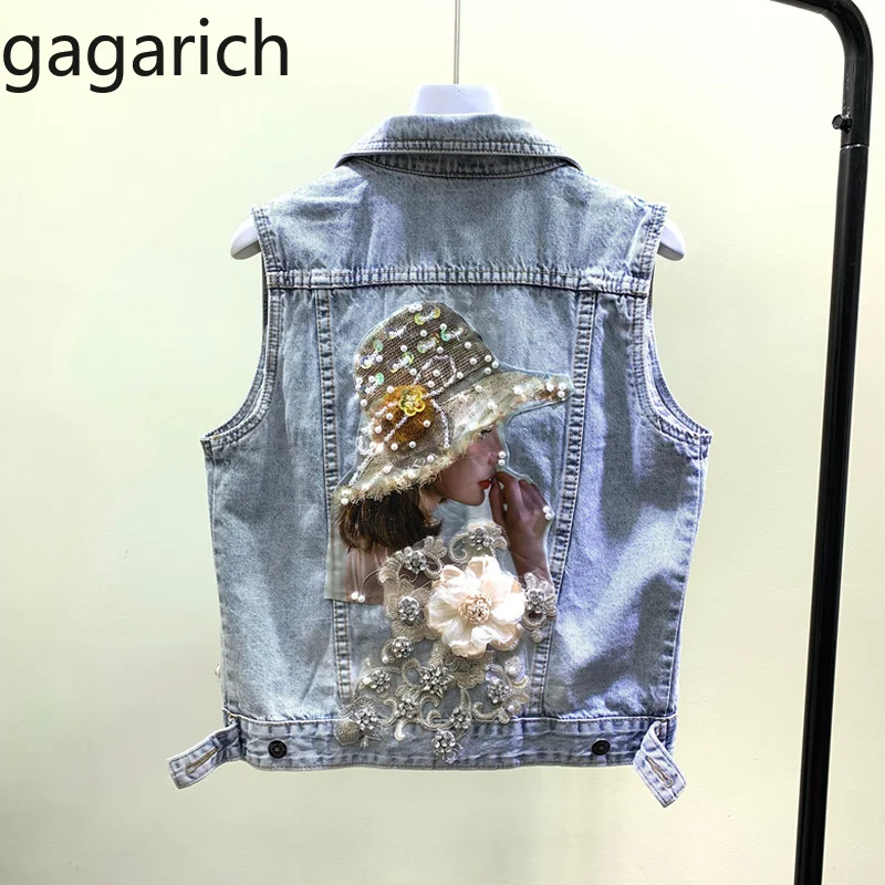 Женский джинсовый жилет Gagarich черный Свободный с вышивкой и жемчугом в Корейском