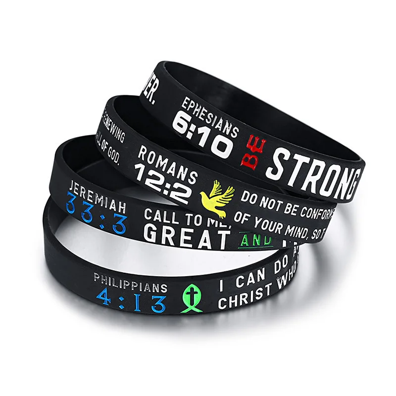 

Men's Wristand Silicon Bracelet Religious Jewelry Black Color Sport Casual Wrap Rubber Bible Verse Christian Gifts 4pcs/1set