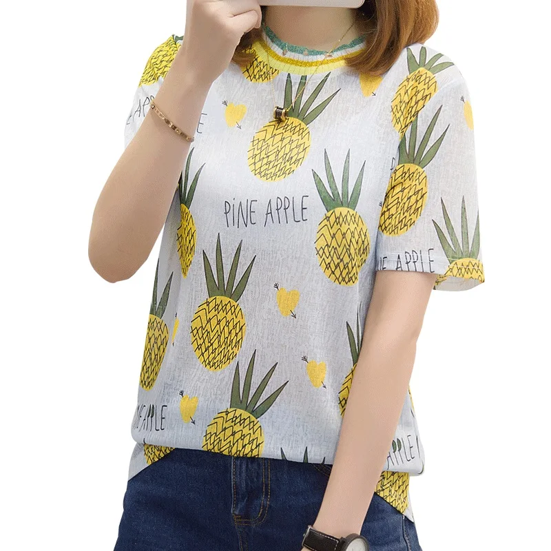 2018 г. женские летние фрукты рубашки Vintage блузка с короткими рукавами круглым