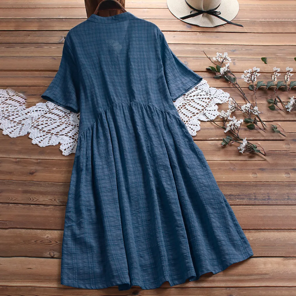 

2019 Summer Women Loose Dress Vintage Plus size Button Shirt Dress Fashion L-5XL Ladies Casual Large Size Pleated Midi Dresses