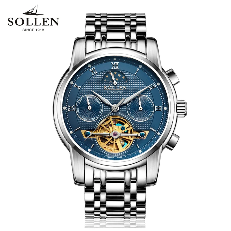 SOLLEN automatic mechanical watch men business hollow men's watches steel waterproof luminous multi-functional male wristwatches |