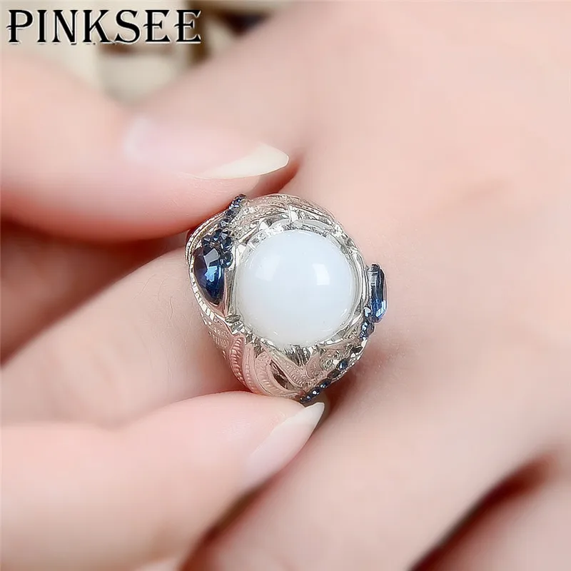 Роскошные кольца PINKSEE серебряного цвета с голубым камнем белые натуральные камни