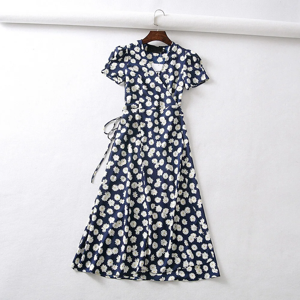 Лето boho Винтаж цветок dot print wrap dress Женщины с коротким рукавом шифоновое пляжное