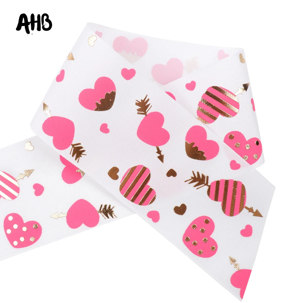 

AHB Grosgrain Ribbon Foil Cupid's Arrow Printed Ribbon 75MM Pink Heart DIY Hair Bow Accessories Gift Wrapping Decorative Ribbon