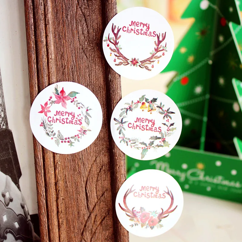 35mm Merry Christmas baking biscuit decoration stickers, four styles labels, 360 pcs/lot, Item No. FE28