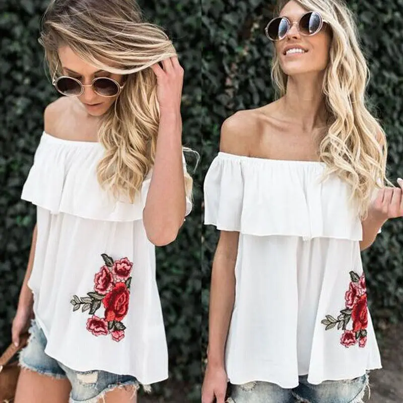 Футболка с вышивкой 2017 новое поступление Летняя женская футболка открытыми