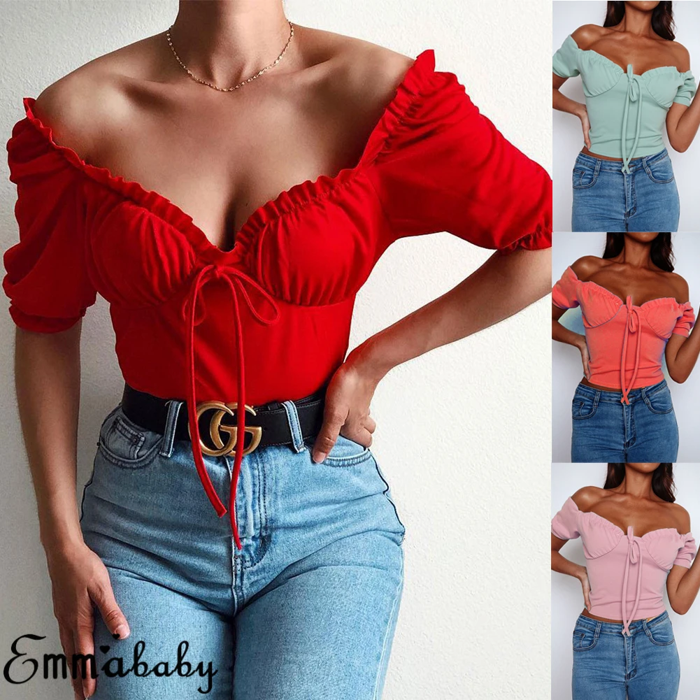 Newest Women lady solid crop tops Hot summer off shoulder bandage short sleeve shirt Strapless Casual Tank Top Club Camis