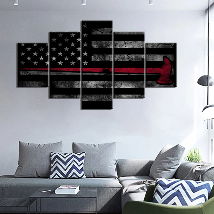 5 панелей холст печать абстрактная тонкая красная линия топор Флаг США Холст