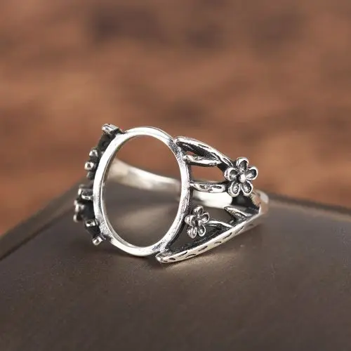Art Nouveau Vintage 925 Silver Flower Ring Semi Mount 12x15mm Oval Cabochon Amber Agate Opal Fine Jewelry Setting DIY Stone | Украшения и