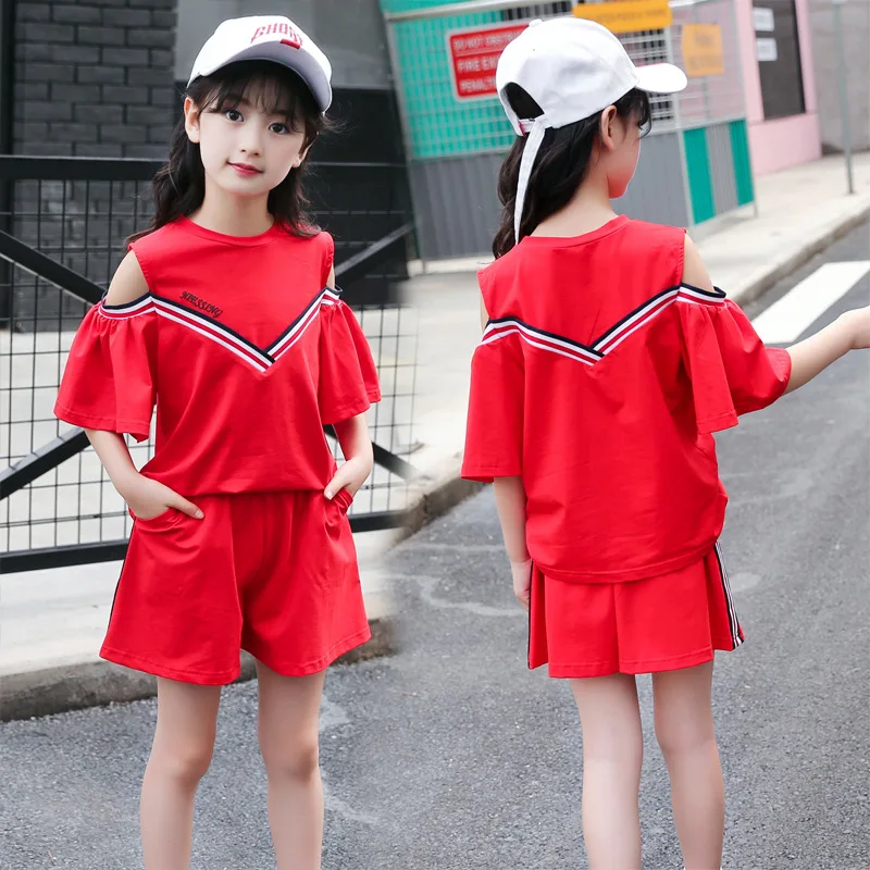 Girls Summer Children's Fashion Sports Suits Teenage Clothing Set Cotton Short Sleeve Shorts Two-piece Tracksuit 4-13Years | Детская