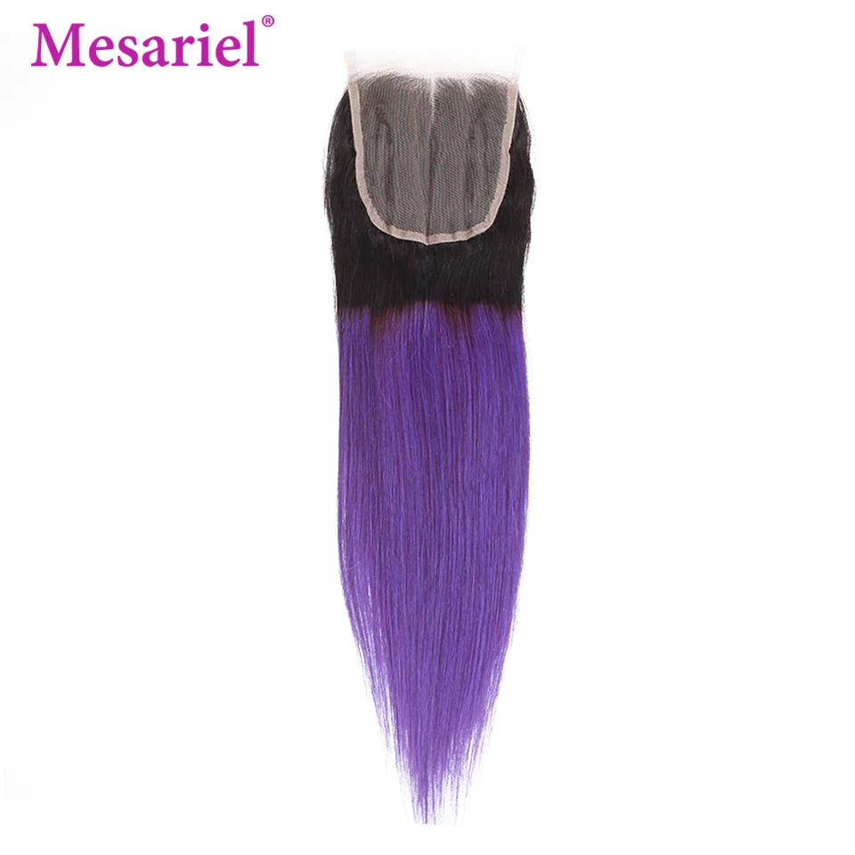 Mesariel Human Hair Bundles with Closure Ombre 1B Purple Brazilian Straight Weave Extension 4 Remy | Шиньоны и парики