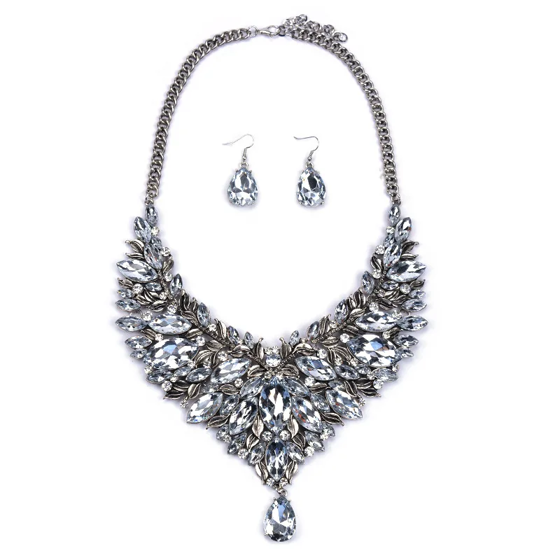 4 colors Fashion Womens Necklace With Earring Crystal Chunky Choker Necklaces Statement Jewelry |