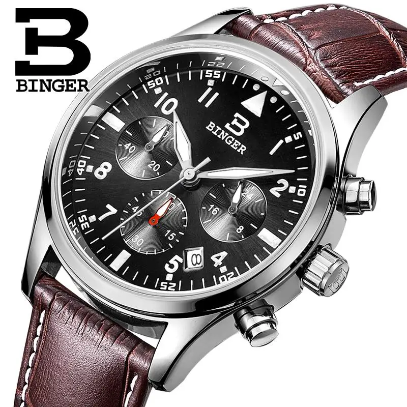 Switzerland BINGER men's watches luxury brand Quartz waterproof leather strap clock Chronograph Stop Watch Wristwatches B9202-9 |