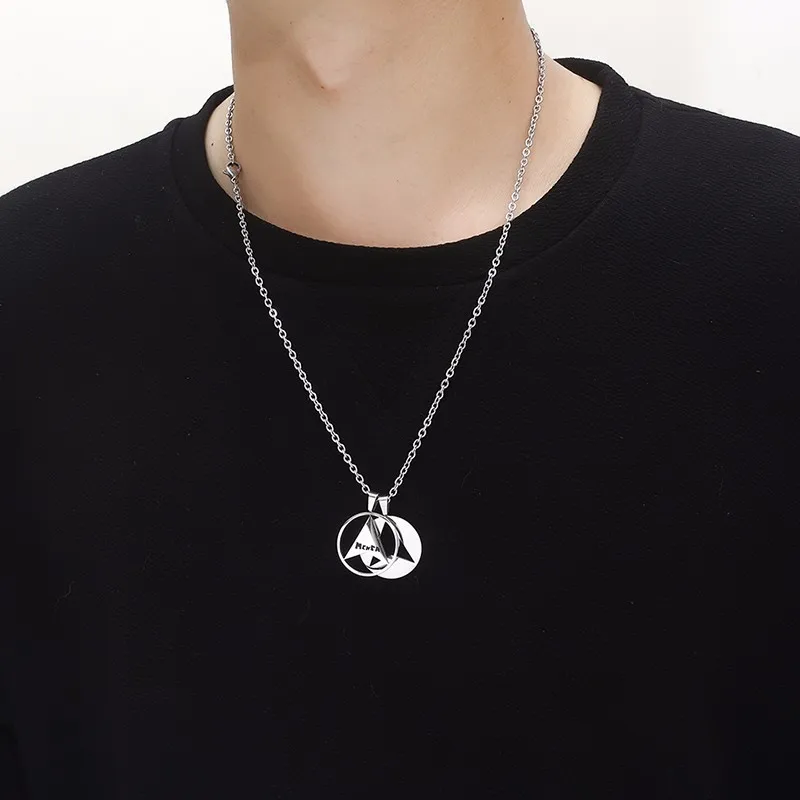 RIR Stainless Steel Retro Two Round Frame Hollow Triangle Pendant Necklace Trend Wild Men's Jewellery Necklaces | Украшения и