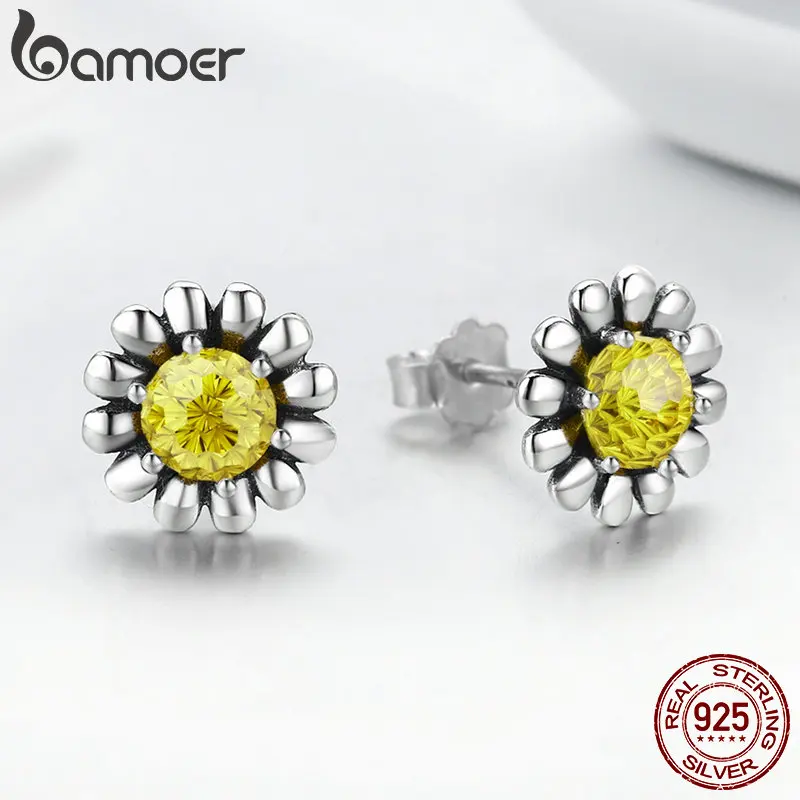 BAMOER, Настоящее серебро 925 пробы, цветок маргаритки, желтый CZ, серьги, ожерелье, ювелирный набор, Стерлинговое Серебро, ювелирное изделие ZHS048