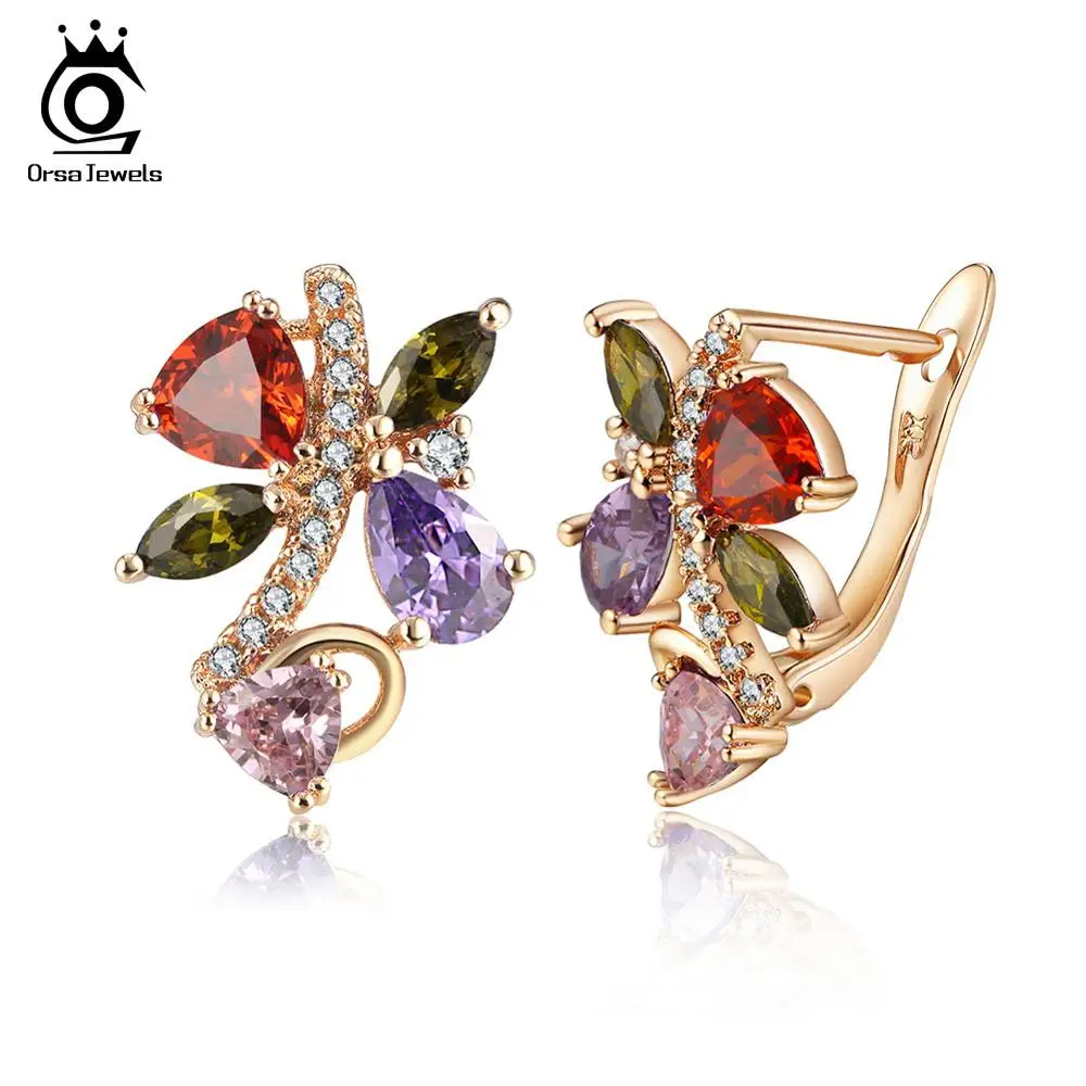 ORSA JEWELS, роскошные серьги-гвоздики для женщин, пять цветов, AAA кубический циркон, дополнительные вечерние серьги, модные женские ювелирные изделия OME56 - Окраска металла: Gold Multicolor