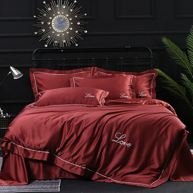 

100%silk Embroidered bedding set duvet cover set 4pc Home Textile King size bedclothes duvet cover sheet pillowcases Wholesale