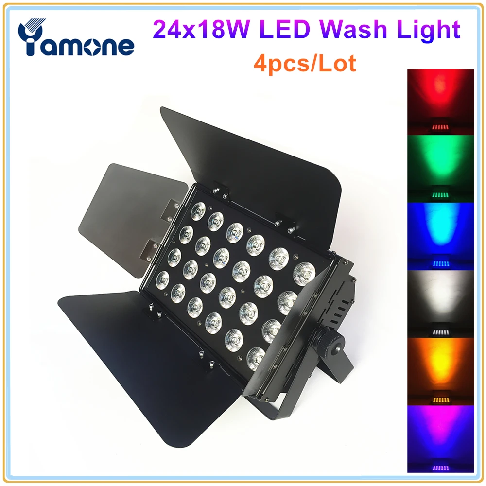 

4X Unique 24pcs x18W RGBWA+UV 6In1 Led Indoor Wall Wash Studio Light Wide Colorful Wash Flood Light With Powercon And Barn Door