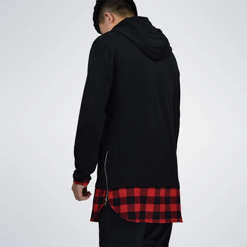 Moomphya Fall plaid patchwork hoodies Full sleeve side zip curve hem hooded sweatshirt hip hop streetwear men|hoodies men|streetwear hoodiesweatshirt