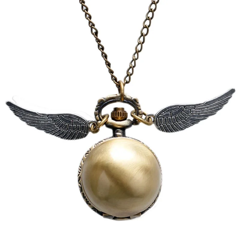 

YISUYA Vintage Silver Wings Quartz Pocket Watch Gold Ball Shape Necklace Steampunk