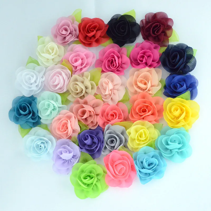 

Yundfly Wholesale 120pcs Chic Chiffon Flower with Green Leaf Handmade Artifical Fabric Flowers DIY Newborn Headband Accessories