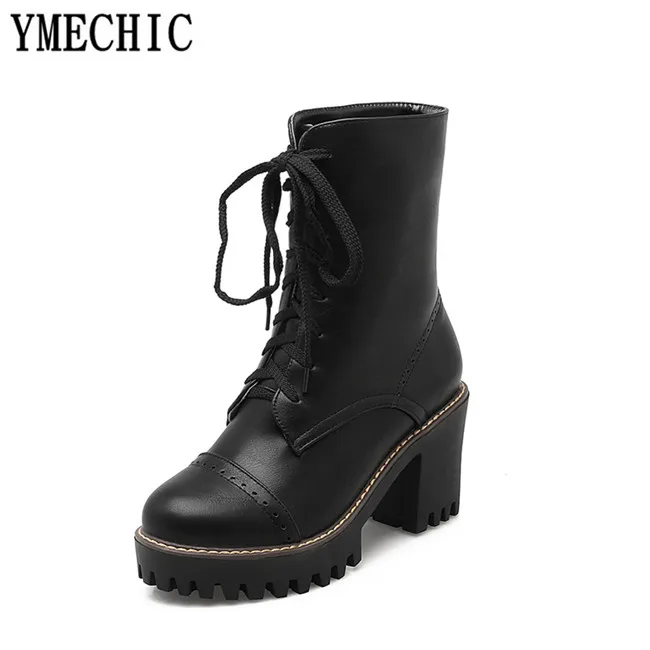 YMECHIC/2018 женские осенние ботинки серого и черного цвета на высоком блочном каблуке