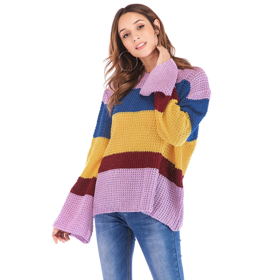 Женский трикотажный свитер в полоску Радужный пуловер оверсайз повседневная