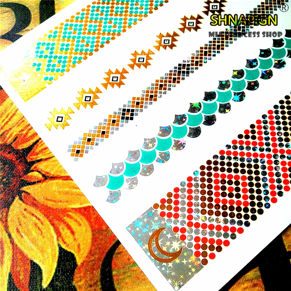 SHNAPIGN полоски Золотая временная татуировка боди арт флэш тату стикер 21*15 см