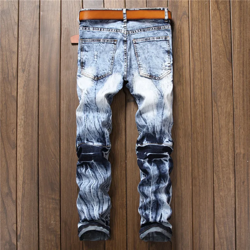 2017 new brand Men's Zipper Jeans Men Slim Fit Straight Moto Punk Dark Long Designer Nightclubs Mens Pleated Blue Pants | Мужская