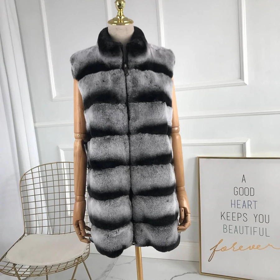 

Chinchilla Rex Rabbit Fur Coat vest Waistcoat with zipper thick warm fashion Natural rabbit Fur vest for Women