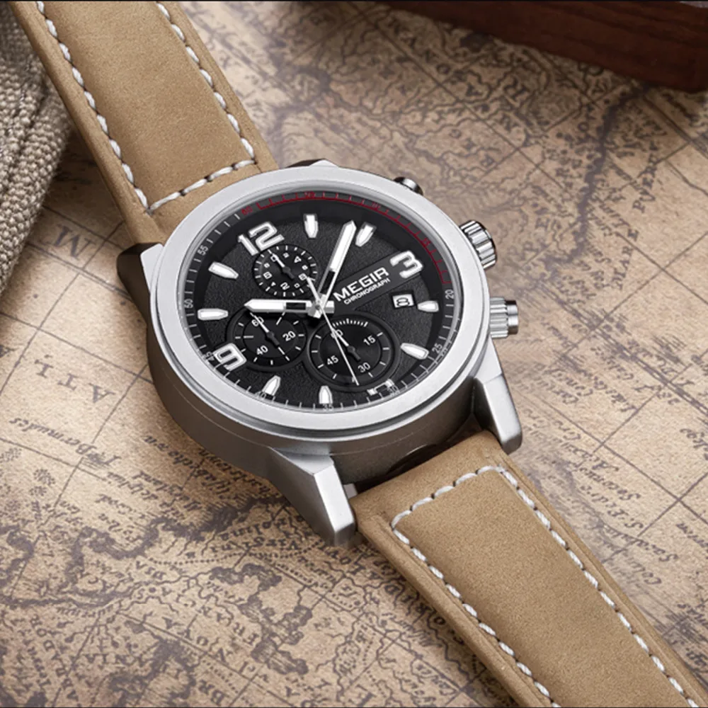 Megir в стиле милитари Sport Pilot кожа водонепроницаемые часы кварцевые модные мужские