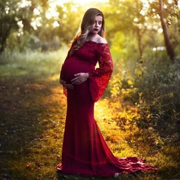 Платья для беременных Vestidos, реквизит для фотосессии, платья для беременных, большие размеры, сексуальные кружевные нарядные платья для беременных, вечерние платья на выпускной, белое платье - Цвет: Red wine