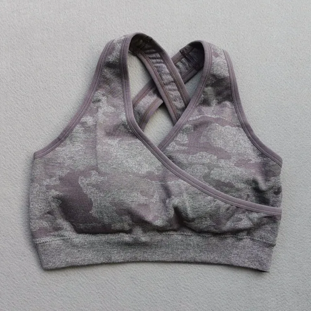 Purple top 2 шт., камуфляжные бесшовные спортивные костюмы, женская одежда для фитнеса, попа, Леггинсы для йоги+ высокоэффективный спортивный бюстгальтер, набор для йоги, женский тренировочный костюм - Цвет: Purple top