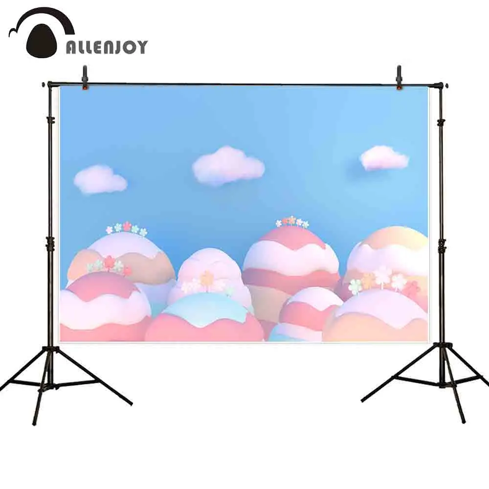 Allenjoy photography birthday backdrops Baby blue sky clouds colorful cute small flowers Dessert candy bar photocall wallpaper |