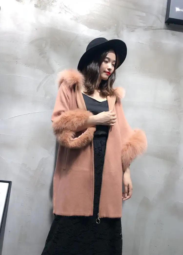 2019 Women knitted mink cashmere sweater with big fox fur sleeve hood ladies fashion batwing coat zip |