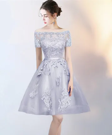grey short Новинка, вечернее платье, короткое спереди, длинное сзади, сексуальное, с вырезом лодочкой, с коротким рукавом, асимметричное, элегантное, для выпускного, вечерние, торжественное платье, Robe De Soriee - Цвет: grey short