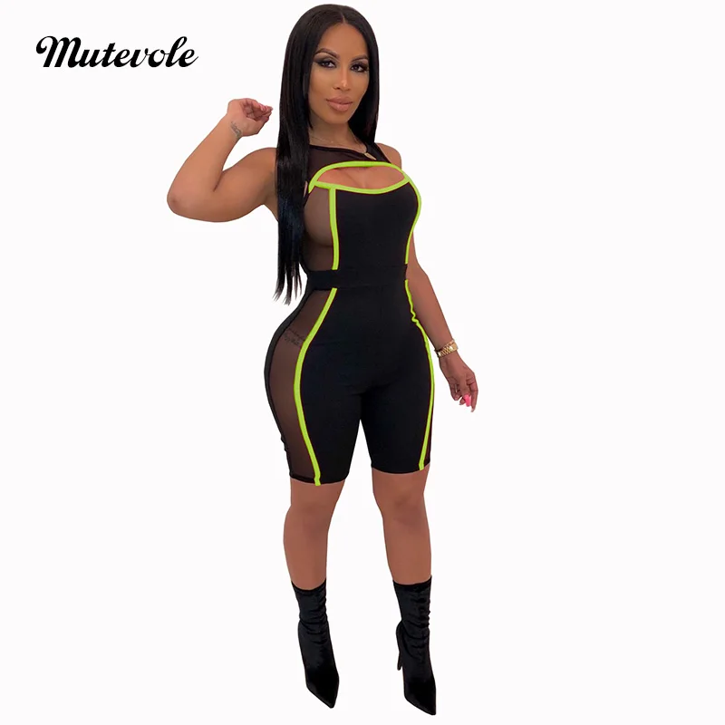 Женский сексуальный лоскутный сетчатый короткий комбинезон muteшей облегающий с