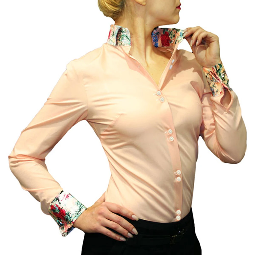 New Arrival women's cotton fashion shirts French cuff bright color long sleeve small button down collar with print contrast contrast tied bell cuff and collar plaid dress