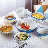 blue rectangular creative hand painted ceramic baking dishes round shu fu lei roasted bowl creative cheese baked rice plate