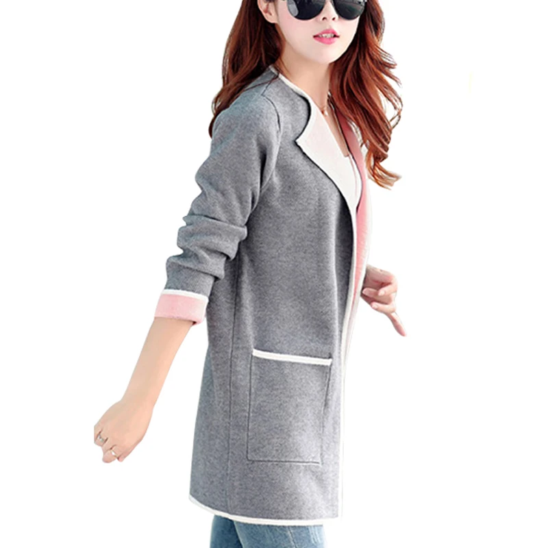 Женский вязаный кардиган лоскутного покроя облегающий с длинными рукавами и