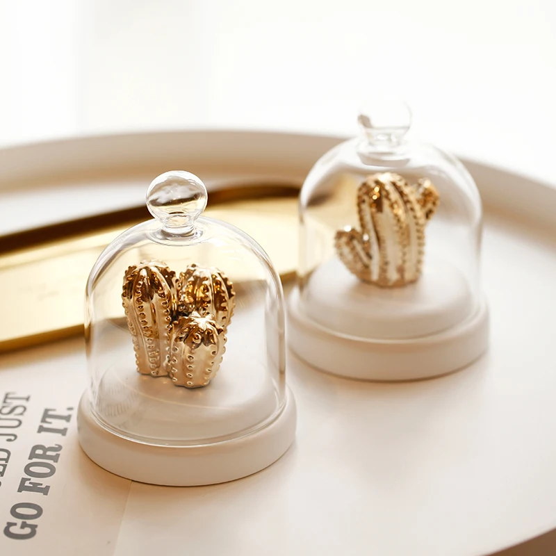

Nordic Ceramic Gold Cactus Decoration Plant Ornaments Glass Cover Living Room Bedroom Desktop Decorations Figurines Crafts