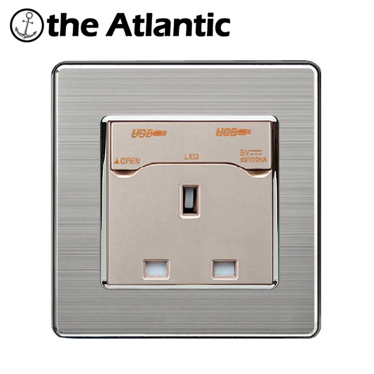Atlantic двойной 13a Великобритания Стандартный розетка с двумя USB разъем enchufe Нержавеющая сталь Панель Электровилки 146*86 мм