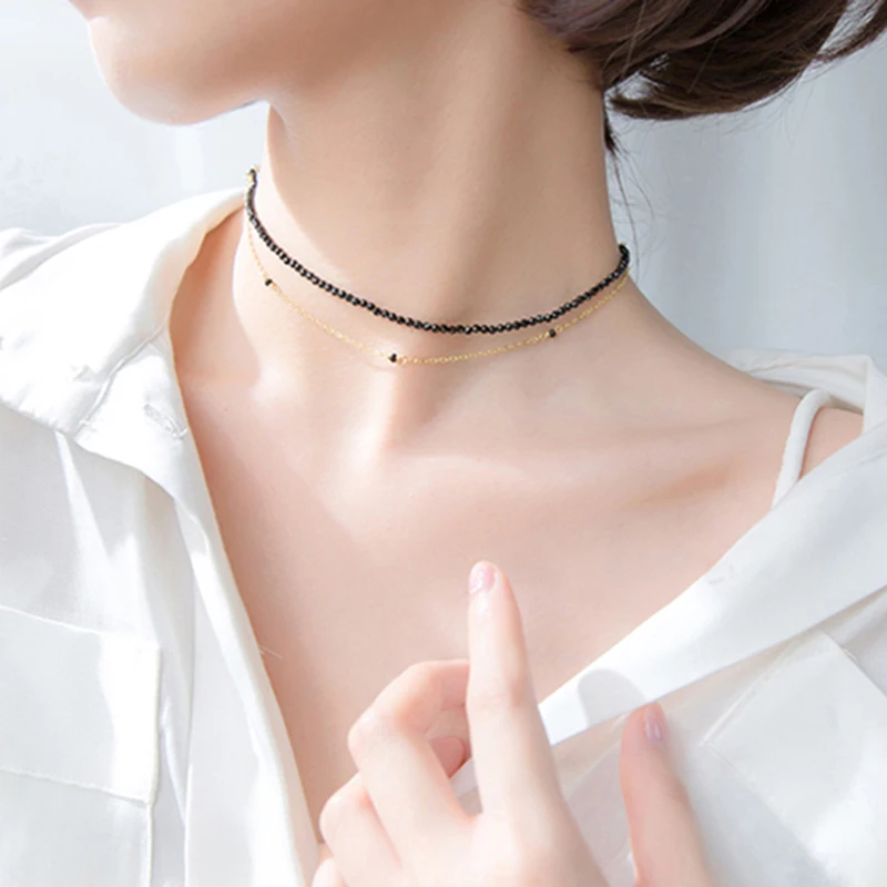 

Real 925 Sterling Silver 925 Necklace Black Beads Double Layer Choker Necklace for Women Lady Fashion collares mujer