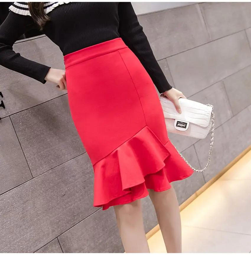 SEXMKL Faldas Mujer Moda Весна Лето юбки женские Высокая талия оборки черная юбка красная офисная юбка карандаш размера плюс Jupe