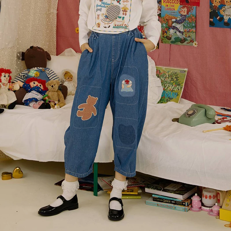 

Fall New Women Loose Denim Trouers Capris Bear Patch Embroidery Ankle Length Pants Jeans For Femme Cross Pant Jean Autumn