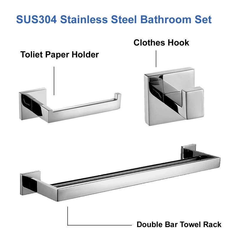 

Mirror Polished SUS 304 Stainless Steel Bathroom Accessories Set Robe Hook Towel Bar And Toilet Paper Holder Clothes